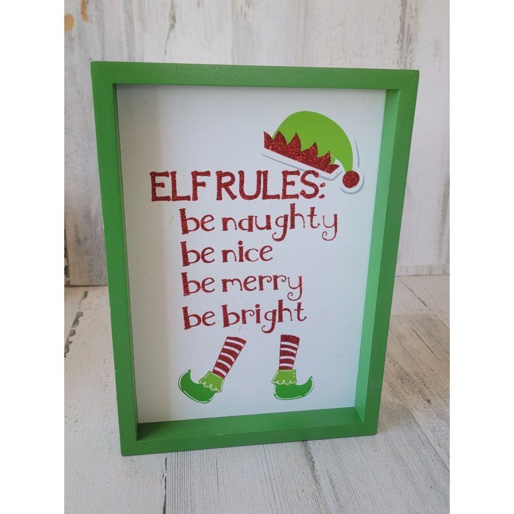 Wooden elf rules‎ be naughty nice merry bright sign home Xmas decor